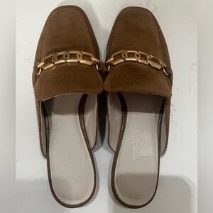 Sanctuary Big Time Brown Suede Mules with Gold Chain 8 1/2M